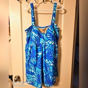 Plus Size Swimsuit Swimdress Bathing Suit 22W Blue Tropical Palm Print